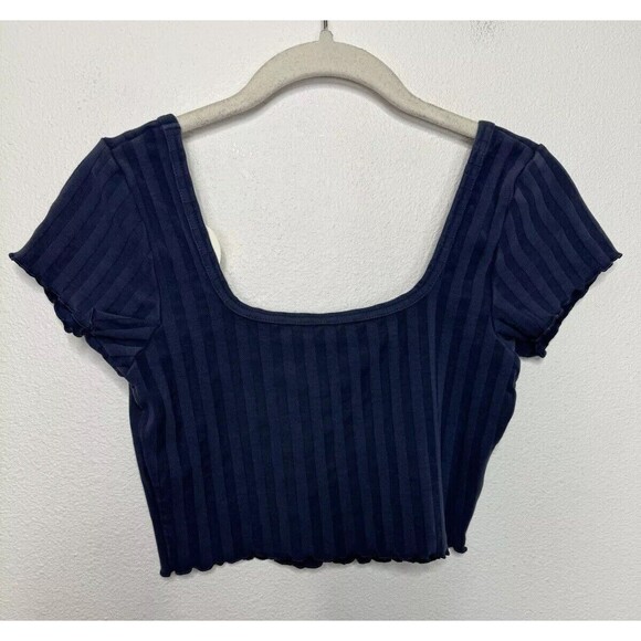 Aerie OFFLINE Small OG Groove Crop Top Blue Short Sleeve Lettuce Trim Ribbed NWT - Picture 12 of 12